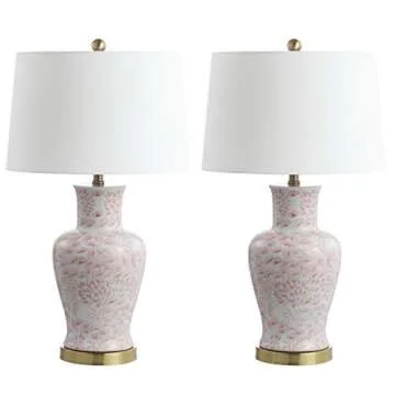 SAFAVIEH Lighting Collection Calli Pink/ White Chinoiserie 28-inch Bedroom Living Room Home Office Desk Nightstand Table Lamp Set of 2 (LED Bulbs Included)