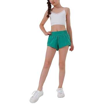 Aurefin Girls Athletic Shorts, Lightweight Running Shorts for Teen Girls Kids Sports Active Shorts with Zip Pocket and Elastic Green/M