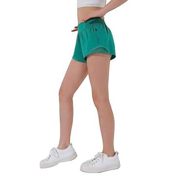 Aurefin Girls Athletic Shorts, Lightweight Running Shorts for Teen Girls Kids Sports Active Shorts with Zip Pocket and Elastic Green/M