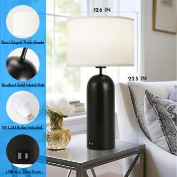 MoMyofdy 22inch Tall Table Lamps Set of 2 Black& White Touch Control Table Lamps 3-Way Dimmable Lamps with USB A+C Ports Modern Bedside Nightstand Lamps for Bedroom Tall End Table Lamps Living Room