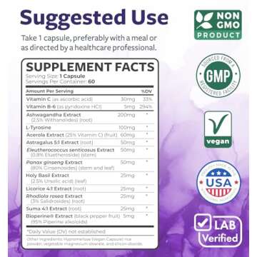 Adrenal System Support & Cortisol Manager (2 Month Supply) Powerful Ashwagandha & L-Tyrosine Fatigue Supplement - Maintain Balanced Cortisol Levels, Health, & Stress Relief - Non-GMO - 60 Capsules