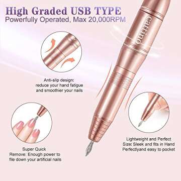 Cattino Electric Nail File, USB Electric Nail Drills for Acrylic Nails Professional, Portable Nail D...