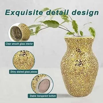 CEMABT Glass Vase for Flowers, Multicolor Gold Glass vase, Unique Handmade Tempered Cracked Mosaic Vase for Artificial Flowers Pampas Grass，Home Decor, Wedding