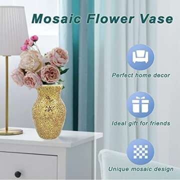 CEMABT Glass Vase for Flowers, Multicolor Gold Glass vase, Unique Handmade Tempered Cracked Mosaic Vase for Artificial Flowers Pampas Grass，Home Decor, Wedding