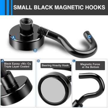 LOVIMAG Black Magnetic Hooks, 30Lbs Strong Magnetic Hooks Heavy Duty with Epoxy Coating for Refrigerator, Magnetic Cruise Hooks for Hanging, Classroom, Office, and Kitchen - Pack of 12