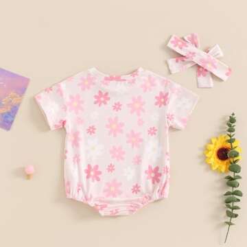 FYBITBO Newborn Infant Baby Girls Clothes Summer Daisy Romper Short Sleeve Bodysuit Cute Outfit One Piece Clothing (Floral-Pink, 0-3 Months)