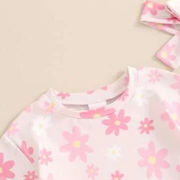 FYBITBO Newborn Infant Baby Girls Clothes Summer Daisy Romper Short Sleeve Bodysuit Cute Outfit One Piece Clothing (Floral-Pink, 0-3 Months)