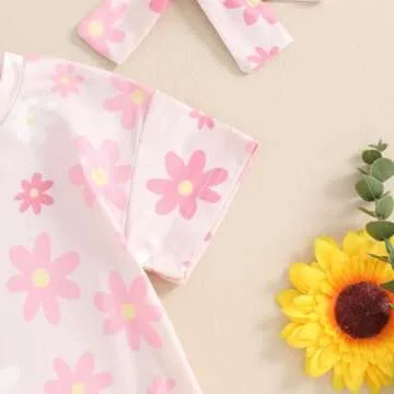 FYBITBO Newborn Infant Baby Girls Clothes Summer Daisy Romper Short Sleeve Bodysuit Cute Outfit One Piece Clothing (Floral-Pink, 0-3 Months)