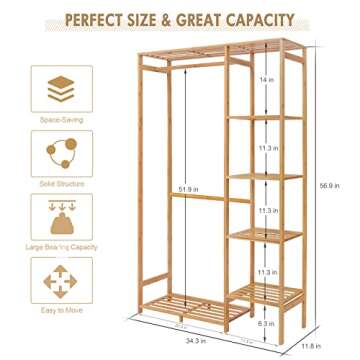 Jotsport Bamboo Clothing Rack with 6 Tier Storage Shelf Multifunctional Garment Organizer Wardrobe Closet for Guest Room Kids Baby Bedroom Entryway