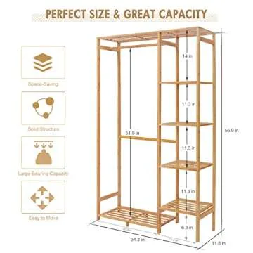 Jotsport Bamboo Clothing Rack with 6 Tier Storage Shelf Multifunctional Garment Organizer Wardrobe Closet for Guest Room Kids Baby Bedroom Entryway