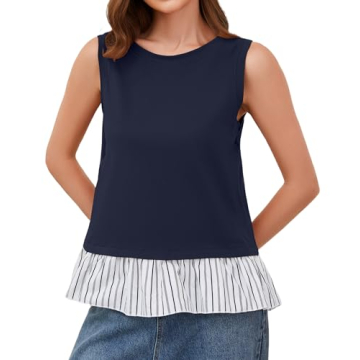 MISSACTIVER Women Striped Sleeveless Tank Top Patchwork Ruffled Hem Open Back Cami Shirts Round Neck...