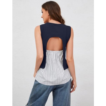 MISSACTIVER Women Striped Sleeveless Tank Top Patchwork Ruffled Hem Open Back Cami Shirts Round Neck Casual Summer Going Out(Large,Navy)