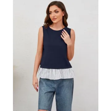 MISSACTIVER Women Striped Sleeveless Tank Top Patchwork Ruffled Hem Open Back Cami Shirts Round Neck Casual Summer Going Out(Large,Navy)