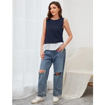 MISSACTIVER Women Striped Sleeveless Tank Top Patchwork Ruffled Hem Open Back Cami Shirts Round Neck Casual Summer Going Out(Large,Navy)