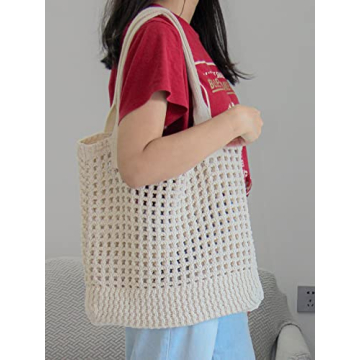 ENBEI Women's Beach Tote Bag, Crocheted Knit Hollow Design, Stylish & Spacious Tote for Beach,Travel,and Everyday Use,Cute Aesthetic Summer Handbag (white)