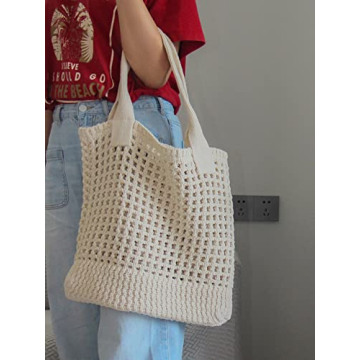 ENBEI Women's Beach Tote Bag, Crocheted Knit Hollow Design, Stylish & Spacious Tote for Beach,Travel,and Everyday Use,Cute Aesthetic Summer Handbag (white)