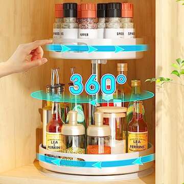 Lazy Susans Organizer 2 Tier Metal Steel, Turntable Height Adjustable, SAYZH Rotating Spice Racks for Pantry Cabinet Cupboard Table, 12 inch, White
