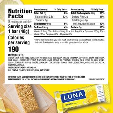 LUNA BAR - Gluten Free Snack Bars - Lemon Zest -8g of protein - Non-GMO - Plant-Based Wholesome Snacking - On the Go Snacks (1.69 Ounce Snack Bars, 15 Count)