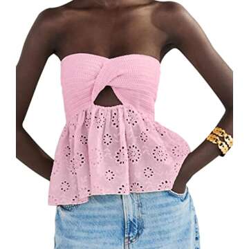 MISSACTIVER Women Twist Knot Knit Bandeau Tube Top Embroidery Strapless Off Shoulder Backless Hollow...