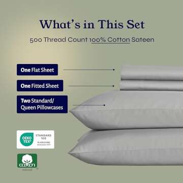 California Design Den Luxury Cotton Sateen Full Sheets Set - Light Grey Sheet Set, 500 Thread Count 100% Cotton, Ultra Soft Cooling Bedding, Deep Pocket Fits 16 Inch Mattresses