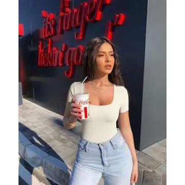 OQQ 2 Piece Bodysuits For Women Sexy Ribbed One Piece Short Sleeve Saquare Neck Bodysuits Tea leaf Beige, Small