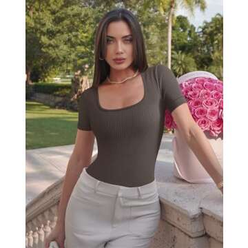 OQQ 2 Piece Bodysuits For Women Sexy Ribbed One Piece Short Sleeve Saquare Neck Bodysuits Tea leaf Beige, Small