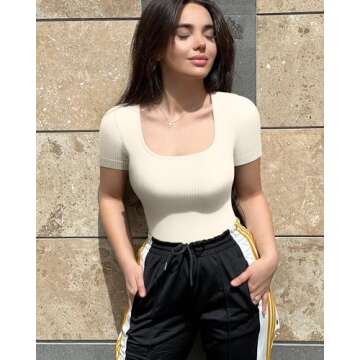 OQQ 2 Piece Bodysuits For Women Sexy Ribbed One Piece Short Sleeve Saquare Neck Bodysuits Tea leaf Beige, Small