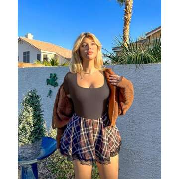 OQQ 2 Piece Bodysuits For Women Sexy Ribbed One Piece Short Sleeve Saquare Neck Bodysuits Tea leaf Beige, Small