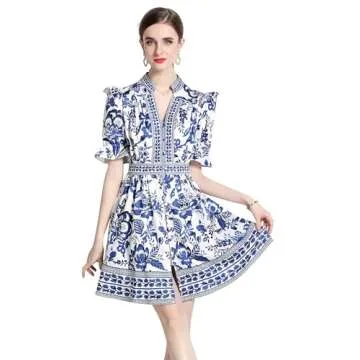 LAI MENG FIVE CATS Women's Button Up Short Puff Sleeve V-Neck Floral Print Split Casual Mini Dress