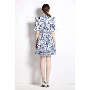 LAI MENG FIVE CATS Women's Button Up Short Puff Sleeve V-Neck Floral Print Split Casual Mini Dress