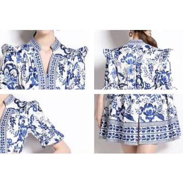 LAI MENG FIVE CATS Women's Button Up Short Puff Sleeve V-Neck Floral Print Split Casual Mini Dress