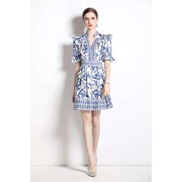 LAI MENG FIVE CATS Women's Button Up Short Puff Sleeve V-Neck Floral Print Split Casual Mini Dress