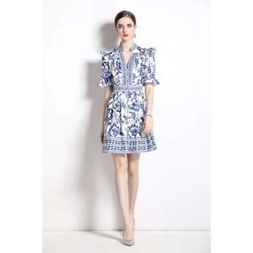 LAI MENG FIVE CATS Women's Button Up Short Puff Sleeve V-Neck Floral Print Split Casual Mini Dress