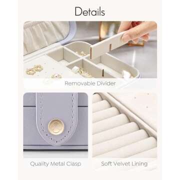 Vlando Travel Jewelry Case for Women - Portable Leather Jewelry Organizer Box for Necklace Earrings Ring Bracelet Small Size- Mothers Day Gifts for Mom Wife Girls, Moms and Daughters - Purple