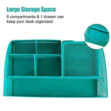 Desk Organizer Desk Accessories Multi-Functional Mesh Desk Organizers 6 Compartments+ 1Drawe for Home&School Office Supplies Accessories (Blue)