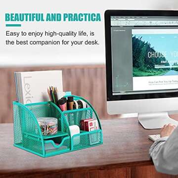 Desk Organizer Desk Accessories Multi-Functional Mesh Desk Organizers 6 Compartments+ 1Drawe for Home&School Office Supplies Accessories (Blue)