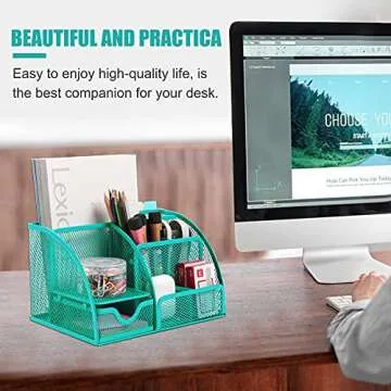Functional Blue Mesh Desk Organizer with Compartments and Drawer