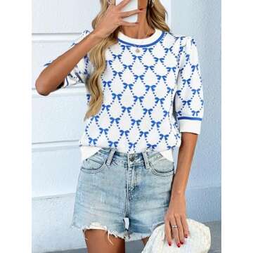 Saodimallsu Women’s Puff Short Sleeve Sweater - Cute Bow Knit Casual Pullover