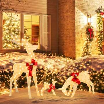 Tangkula 3 Pieces Lighted Christmas Reindeer Family Set, Outdoor Indoor Christmas Deer Decorations w...