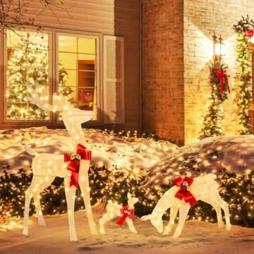 Tangkula 3 Pieces Lighted Christmas Reindeer Family Set, Outdoor Indoor Christmas Deer Decorations w...