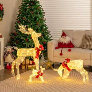 Tangkula 3 Pieces Lighted Christmas Reindeer Family Set, Outdoor Indoor Christmas Deer Decorations with 230 LED Lights & Ground Stakes, Lighted Holiday Decor Displays for Front Yards Garden Lawn Patio