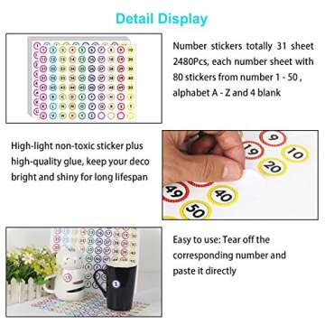 LeeLoon 2480pcs Number Stickers Colorful Round Number Labels,Polka Dot 1-50 and A-Z Adhesive Numbers Stickers for Office,Restaurant,Classroom,School Learning Decorations,1"