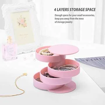 HengLiSam Jewelry Organizer, Small Jewelry Box Earring Holder for Women, Jewelry Storage Box 4-Layer Rotatable Jewelry Accessory Storage Tray with Lid for Rings Bracelets