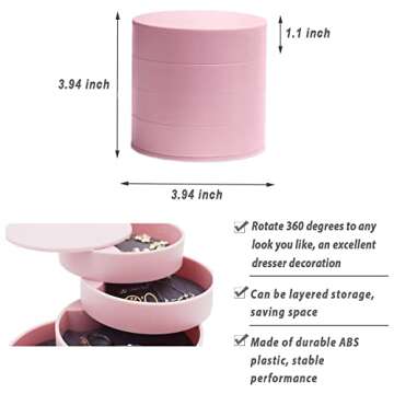 HengLiSam Jewelry Organizer, Small Jewelry Box Earring Holder for Women, Jewelry Storage Box 4-Layer Rotatable Jewelry Accessory Storage Tray with Lid for Rings Bracelets