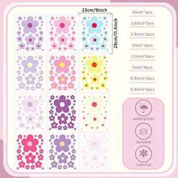 TaoBary 288 Pcs Y2k Cute Flowers Wall Sticker Colorful Floral Wall Decal Vinyl Peel and Stick Preppy...