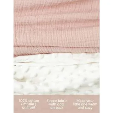 Konssy Baby Blankets for Unisex Boys Girls, Super Soft Nursery Minky Blankets with Muslin Cotton Front and Dotted Fleece Backing, Printed Bed Throws Newborn