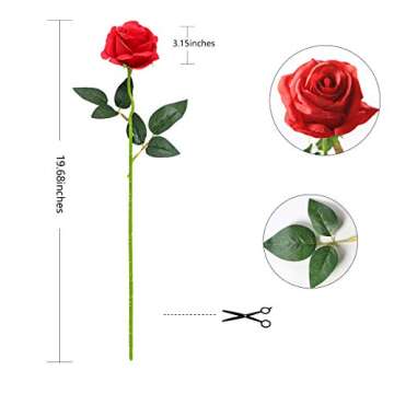 Red Roses Artificial Flowers -12 pcs Realistic Single Long Stem Fake Silk Roses Bouquet for Party Ho...