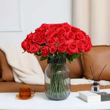 Red Roses Artificial Flowers -12 pcs Realistic Single Long Stem Fake Silk Roses Bouquet for Party Home Wedding Centerpiece Office DIY Decor