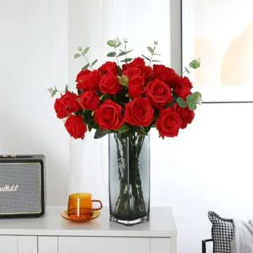 Red Roses Artificial Flowers -12 pcs Realistic Single Long Stem Fake Silk Roses Bouquet for Party Home Wedding Centerpiece Office DIY Decor