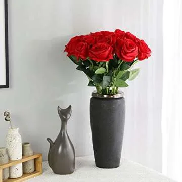 Red Roses Artificial Flowers -12 pcs Realistic Single Long Stem Fake Silk Roses Bouquet for Party Home Wedding Centerpiece Office DIY Decor
